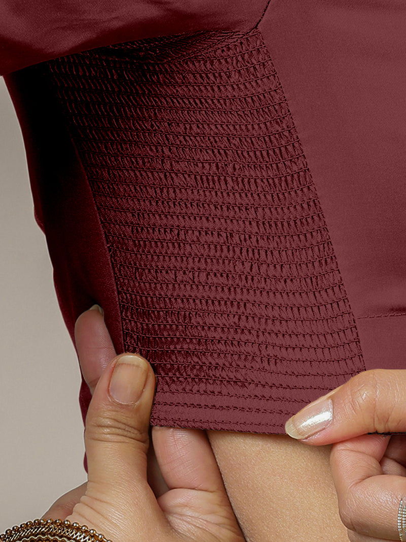Zeenat x Rozaana | Burgundy Elbow Sleeves FlexiFit™ Saree Blouse with Plunging Neckline-Binks