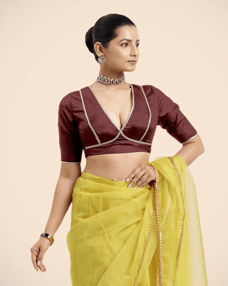 Zeenat x Tyohaar Saree Blouse, in Maroon Vegan Silk, featuring elbow sleeves and v-neckline, made for party & festive (view 3).