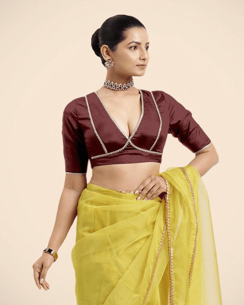 Zeenat x Tyohaar | Burgundy Saree Blouse w/ FlexiFit™ and Golden Gota Lace-Binks