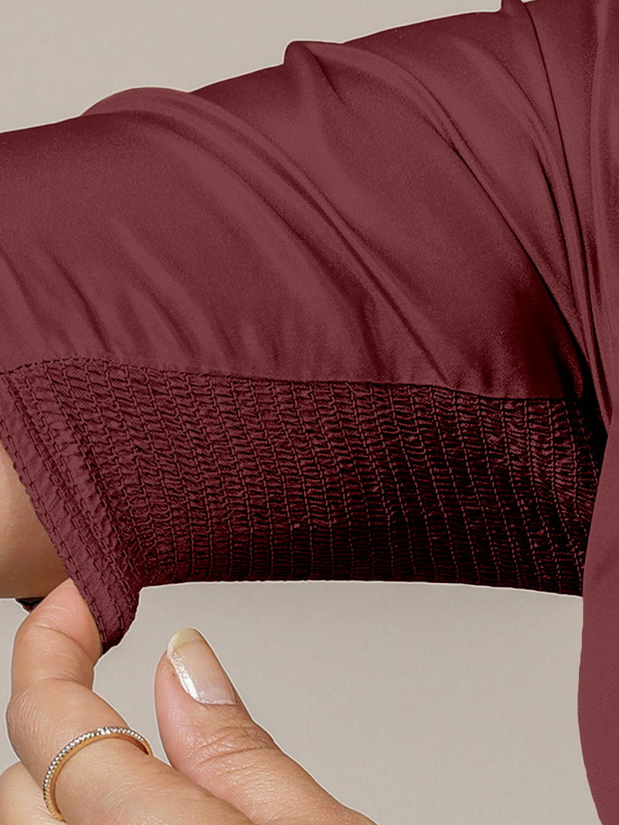 Zeenat x Rozaana Saree Blouse, in Maroon Vegan Silk, featuring elbow sleeves and v-neckline, made for party & festive (view 4).