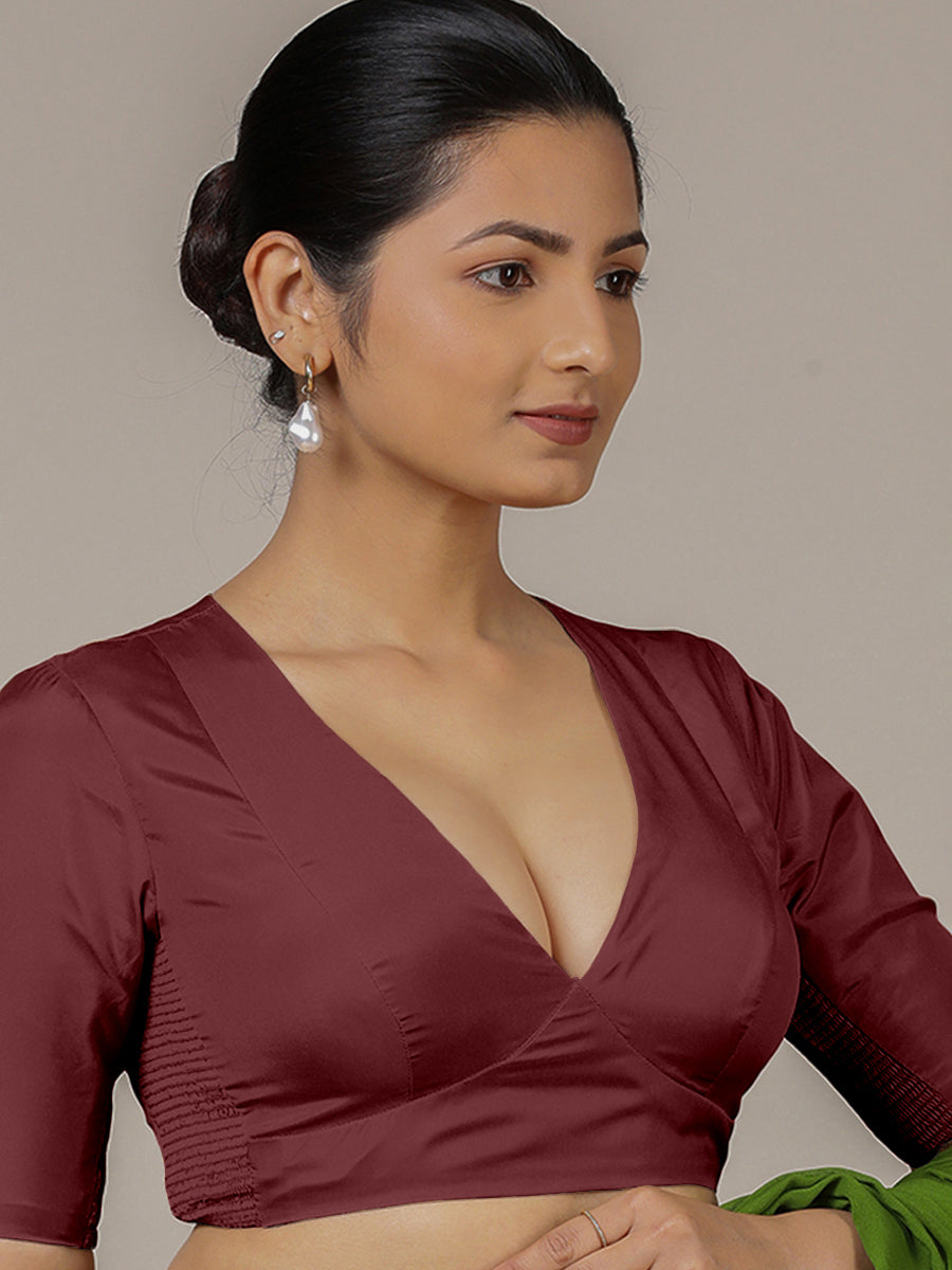 Zeenat x Rozaana Saree Blouse, in Maroon Vegan Silk, featuring elbow sleeves and v-neckline, made for party & festive (view 8).