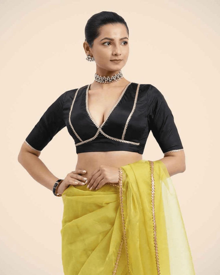 Zeenat x Tyohaar Saree Blouse, in Black Vegan Silk, featuring elbow sleeves and v-neckline, made for party & festive.