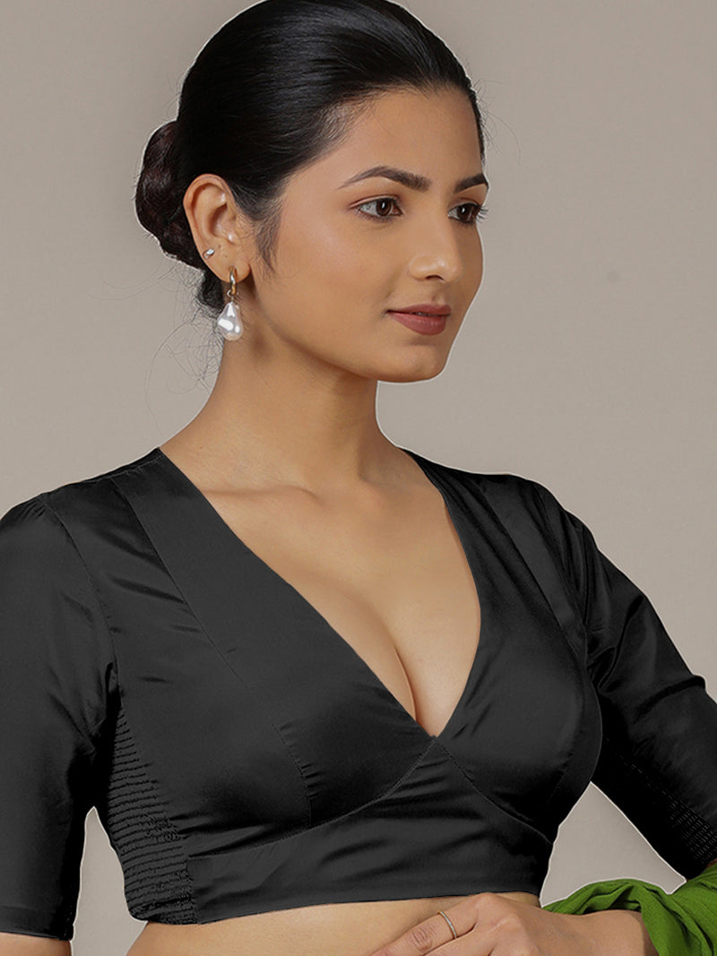 Zeenat x Rozaana | Charcoal Black Elbow Sleeves FlexiFit™ Saree Blouse with Plunging Neckline-Binks
