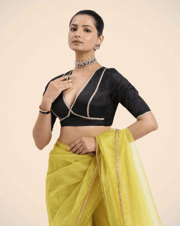 Zeenat x Tyohaar Saree Blouse, in Black Vegan Silk, featuring elbow sleeves and v-neckline, made for party & festive (view 2).
