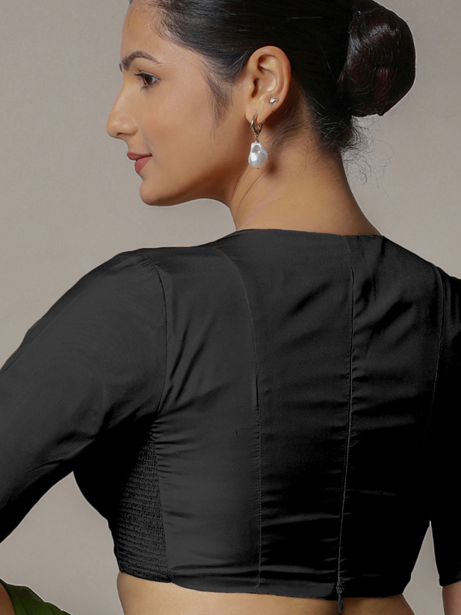 Zeenat x Rozaana Saree Blouse, in Black Vegan Silk, featuring elbow sleeves and v-neckline, made for party & festive (view 2).