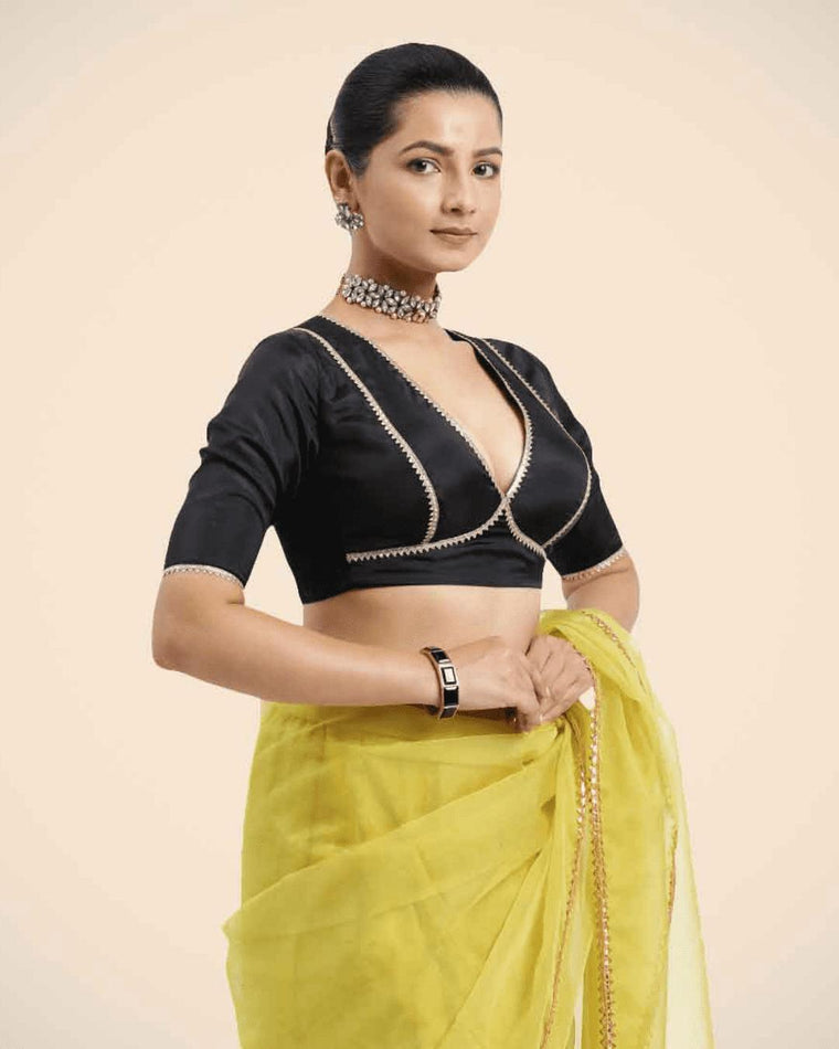 Zeenat x Tyohaar Saree Blouse, in Black Vegan Silk, featuring elbow sleeves and v-neckline, made for party & festive (view 3).