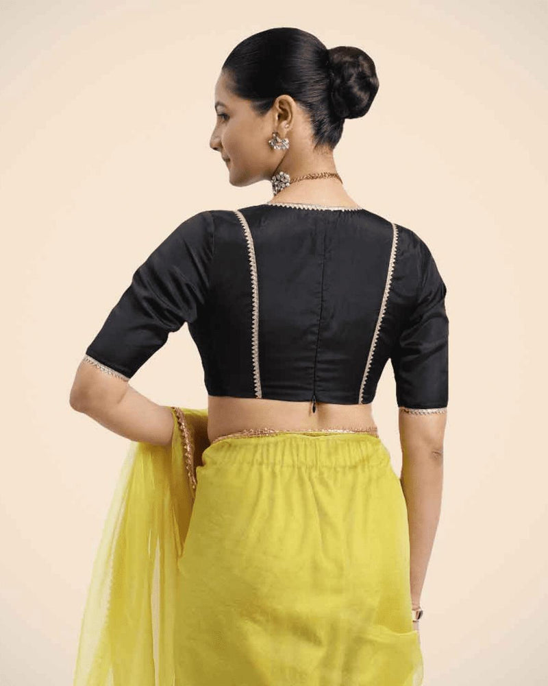 Zeenat x Tyohaar | Charcoal Black Saree Blouse w/ FlexiFit™ and Golden Gota Lace-Binks