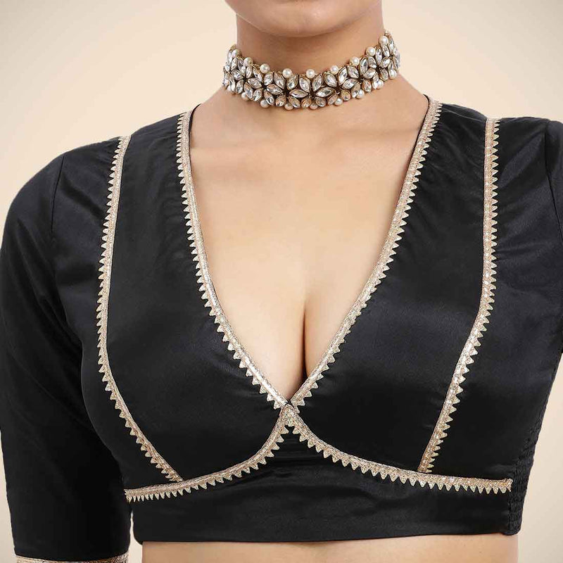 Zeenat x Tyohaar | Charcoal Black Saree Blouse w/ FlexiFit™ and Golden Gota Lace-Binks