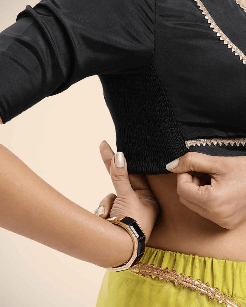 Zeenat x Tyohaar | Charcoal Black Saree Blouse w/ FlexiFit™ and Golden Gota Lace-Binks