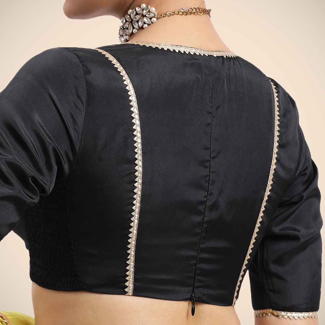 Zeenat x Tyohaar Saree Blouse, in Black Vegan Silk, featuring elbow sleeves and v-neckline, made for party & festive (view 8).