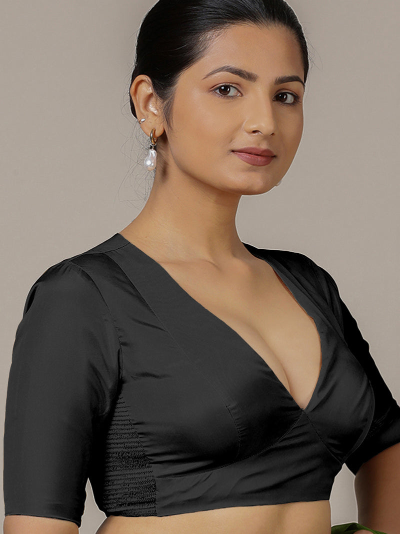 Zeenat x Rozaana | Charcoal Black Elbow Sleeves FlexiFit™ Saree Blouse with Plunging Neckline-Binks