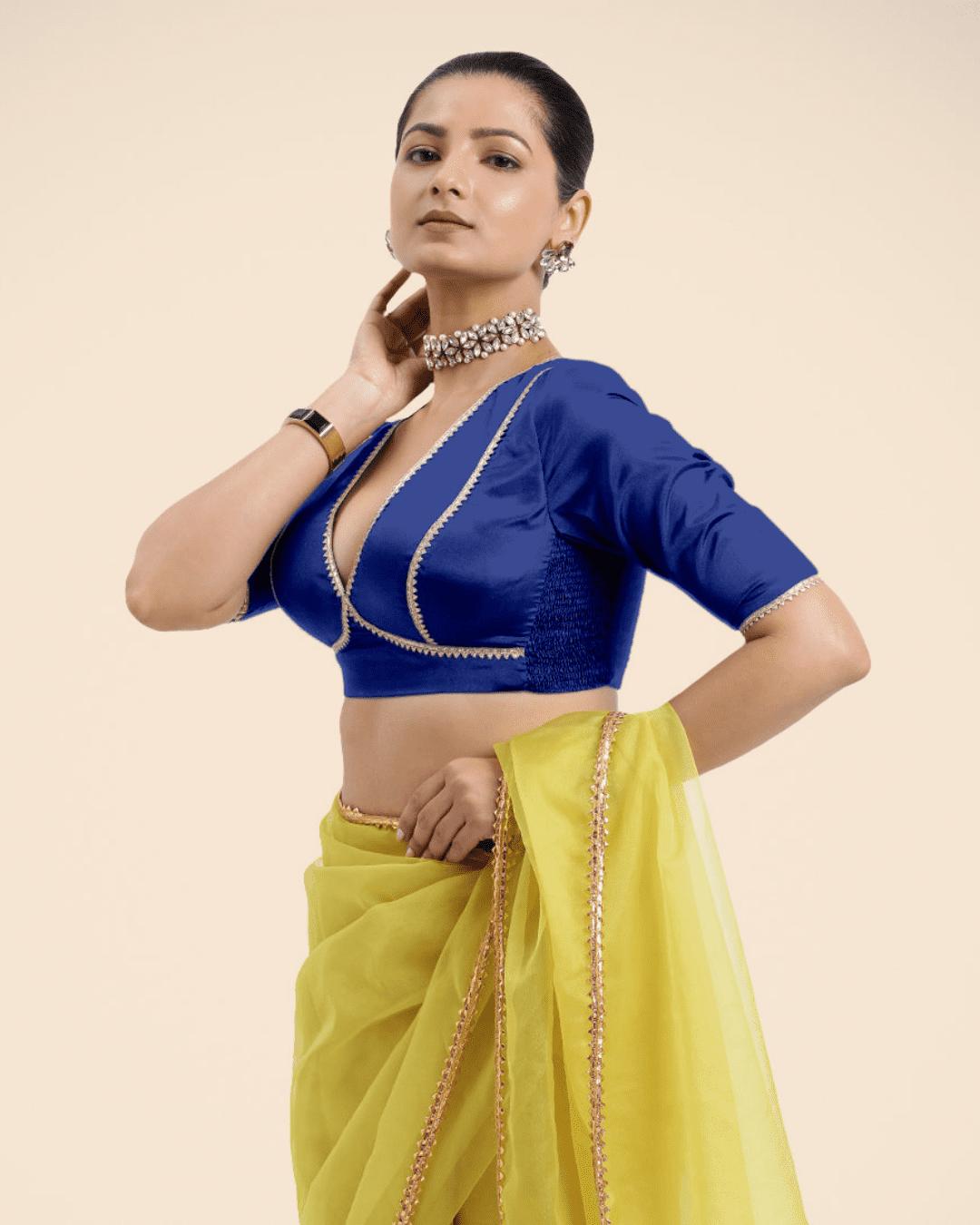 Zeenat x Tyohaar Saree Blouse, in Blue Vegan Silk, featuring elbow sleeves and v-neckline, made for party & festive.
