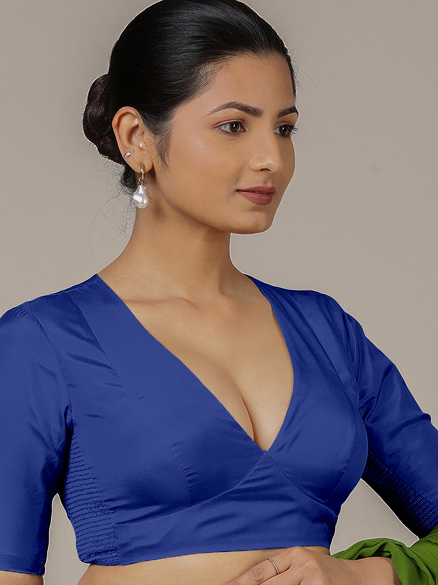 Zeenat x Rozaana Saree Blouse, in Blue Vegan Silk, featuring elbow sleeves and v-neckline, made for party & festive (view 8).