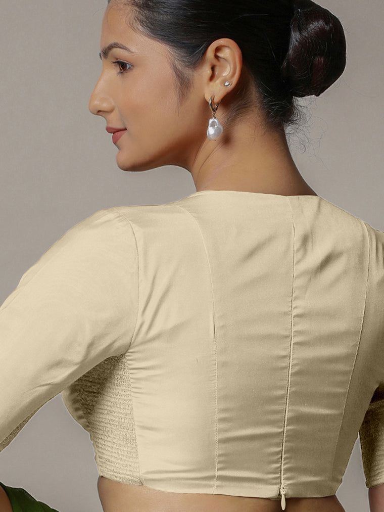 Zeenat x Rozaana Saree Blouse, in Cream Vegan Silk, featuring elbow sleeves and v-neckline, made for party & festive (view 2).