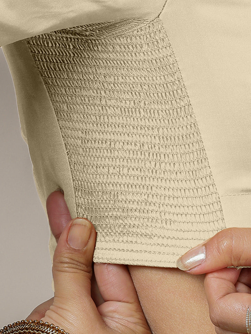 Zeenat x Rozaana | Cream Elbow Sleeves FlexiFit™ Saree Blouse with Plunging Neckline-Binks