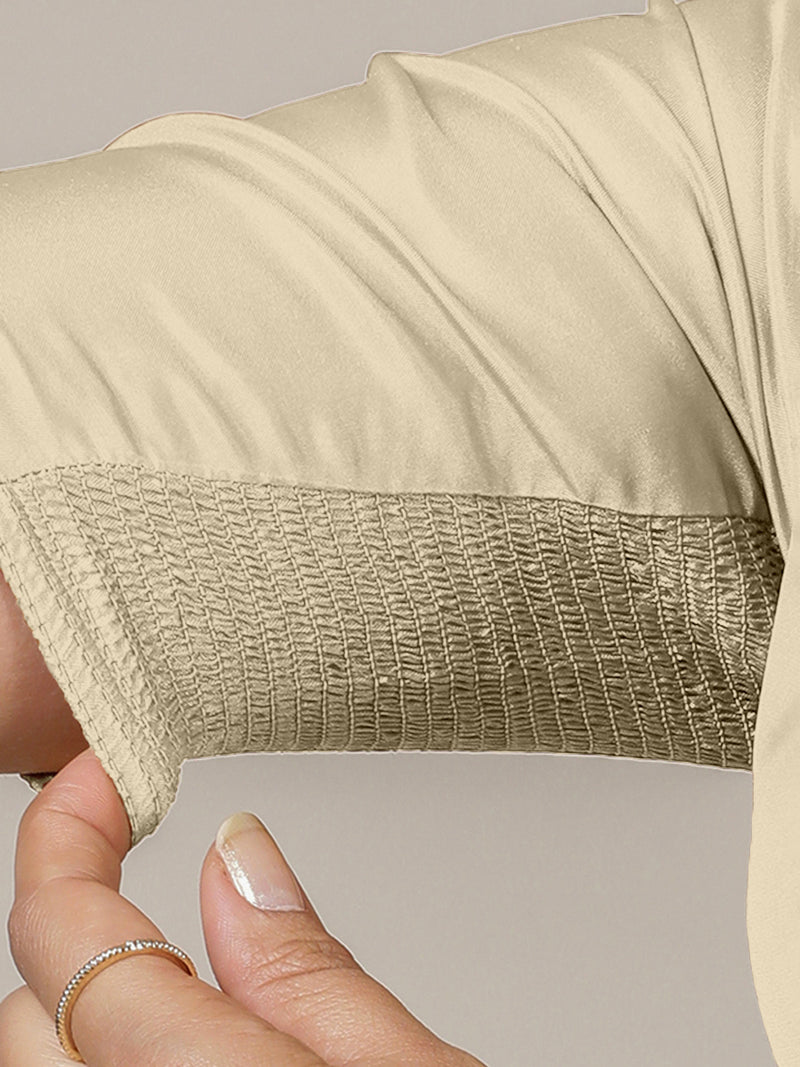 Zeenat x Rozaana | Cream Elbow Sleeves FlexiFit™ Saree Blouse with Plunging Neckline-Binks