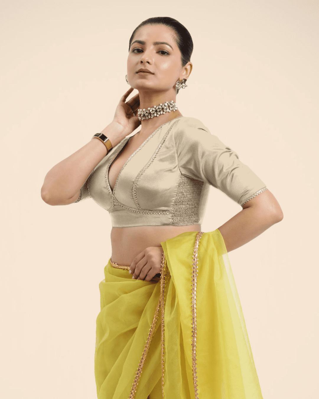 Zeenat x Tyohaar Saree Blouse, in Cream Vegan Silk, featuring elbow sleeves and v-neckline, made for party & festive (view 5).