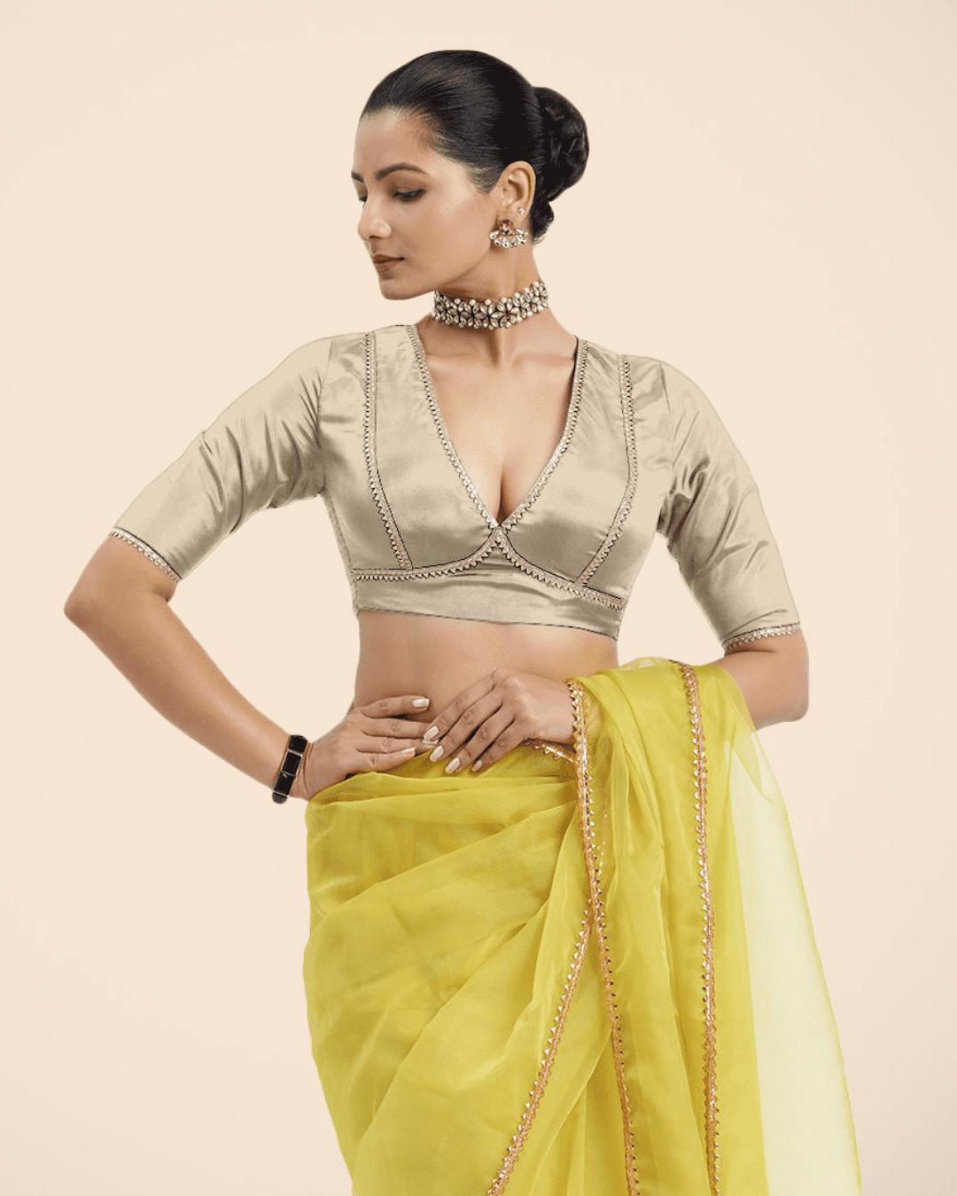 Zeenat x Tyohaar Saree Blouse, in Cream Vegan Silk, featuring elbow sleeves and v-neckline, made for party & festive (view 6).