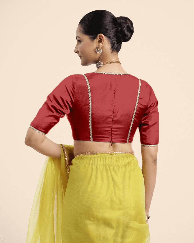 Zeenat x Tyohaar Saree Blouse, in Red Vegan Silk, featuring elbow sleeves and v-neckline, made for party & festive (view 2).