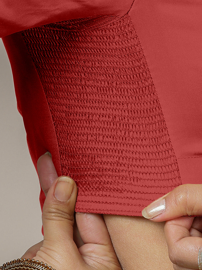 Zeenat x Rozaana | Crimson Red Elbow Sleeves FlexiFit™ Saree Blouse with Plunging Neckline-Binks