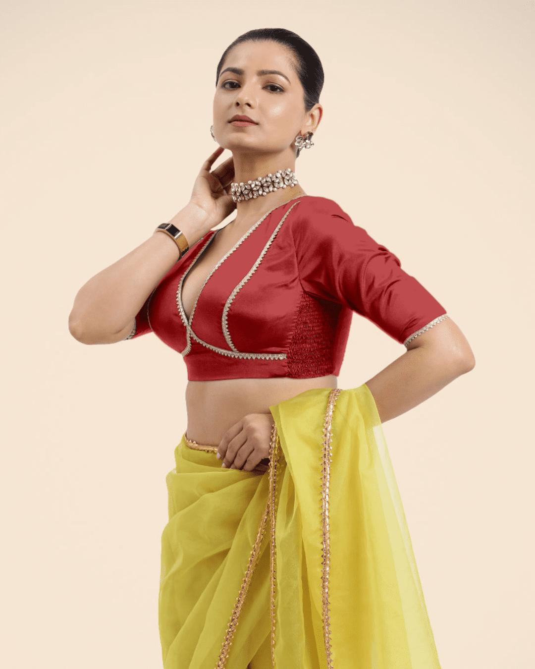 Zeenat x Tyohaar Saree Blouse, in Red Vegan Silk, featuring elbow sleeves and v-neckline, made for party & festive (view 3).