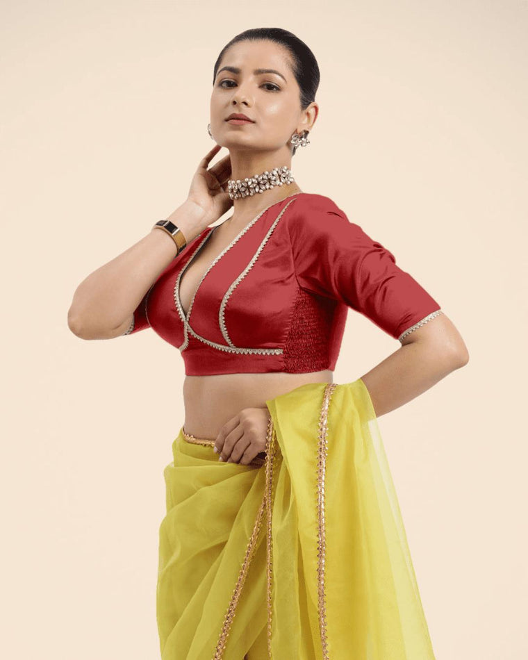 Zeenat x Tyohaar Saree Blouse, in Red Vegan Silk, featuring elbow sleeves and v-neckline, made for party & festive (view 3).
