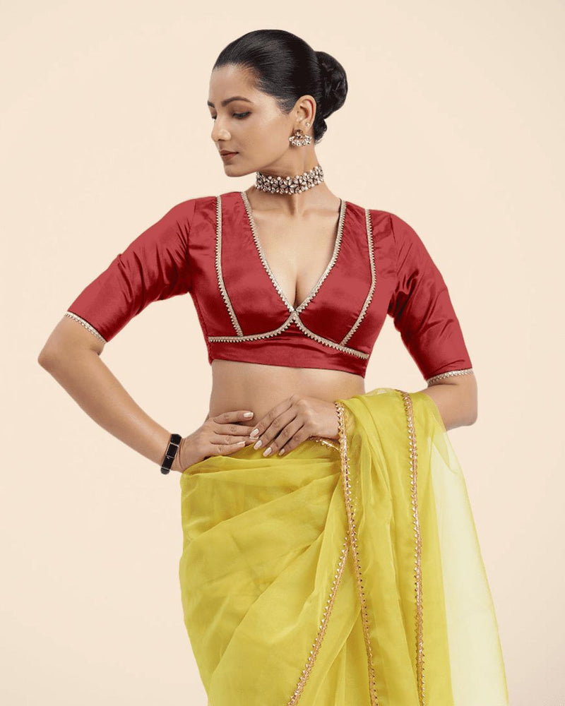 Zeenat x Tyohaar | Crimson Red Saree Blouse w/ FlexiFit™ and Golden Gota Lace-Binks