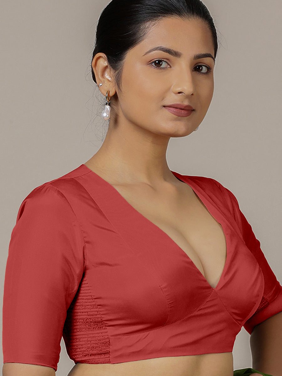 Zeenat x Rozaana Saree Blouse, in Red Vegan Silk, featuring elbow sleeves and v-neckline, made for party & festive (view 8).