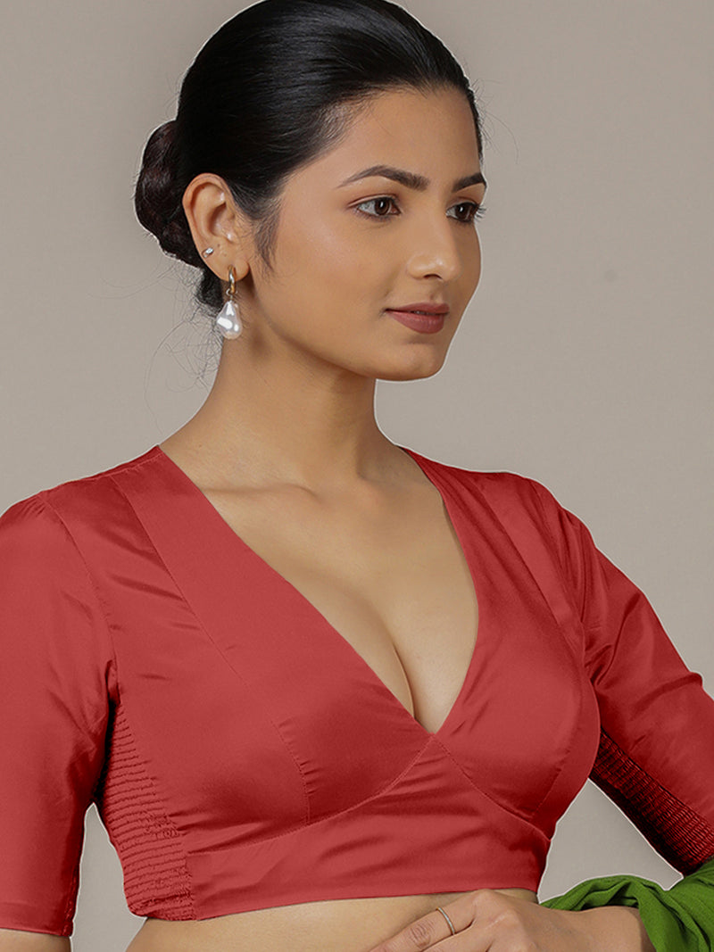 Zeenat x Rozaana | Crimson Red Elbow Sleeves FlexiFit™ Saree Blouse with Plunging Neckline-Binks