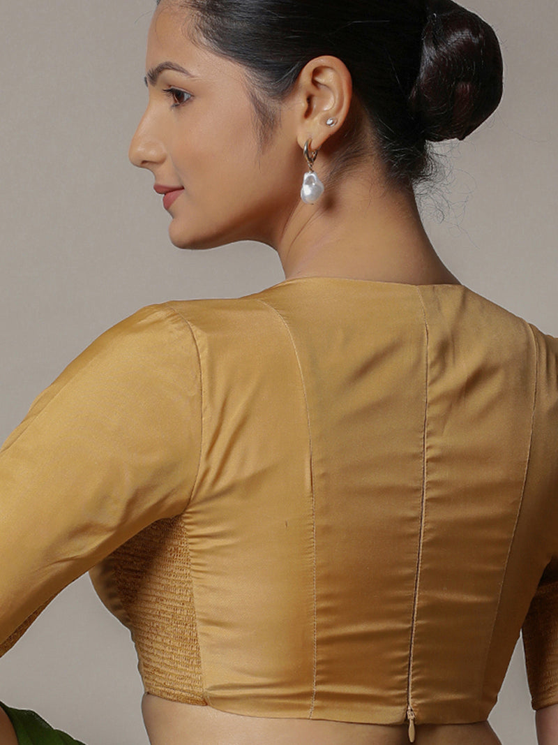 Zeenat x Rozaana | Gold Elbow Sleeves FlexiFit™ Saree Blouse with Plunging Neckline-Binks
