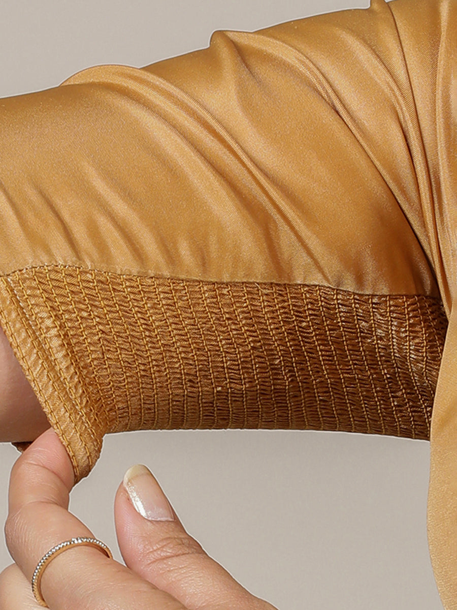 Zeenat x Rozaana Saree Blouse, in Gold Vegan Silk, featuring elbow sleeves and v-neckline, made for party & festive (view 5).