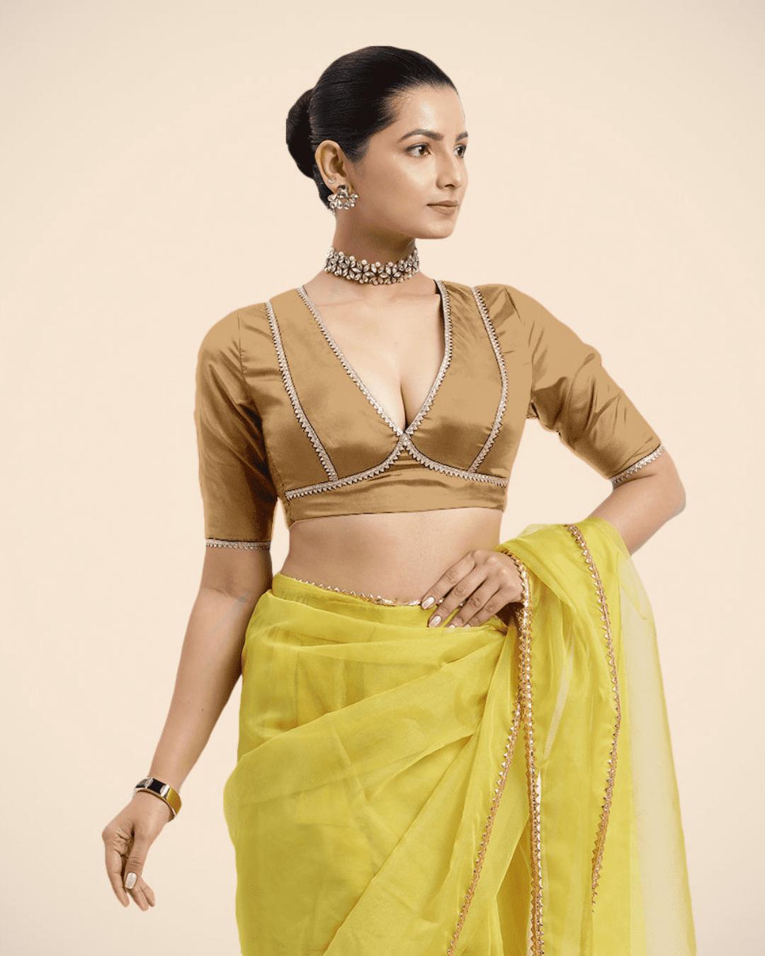 Zeenat x Tyohaar Saree Blouse, in Gold Vegan Silk, featuring elbow sleeves and v-neckline, made for party & festive (view 6).