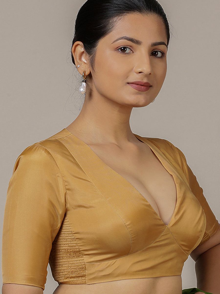 Zeenat x Rozaana Saree Blouse, in Gold Vegan Silk, featuring elbow sleeves and v-neckline, made for party & festive (view 7).