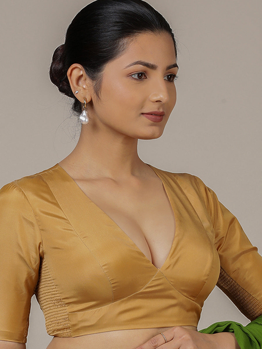 Zeenat x Rozaana Saree Blouse, in Gold Vegan Silk, featuring elbow sleeves and v-neckline, made for party & festive (view 8).