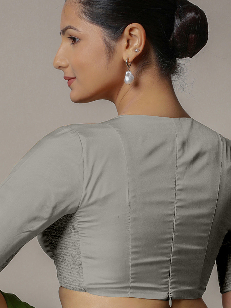 Zeenat x Rozaana Saree Blouse, in Grey Vegan Silk, featuring elbow sleeves and v-neckline, made for party & festive (view 2).