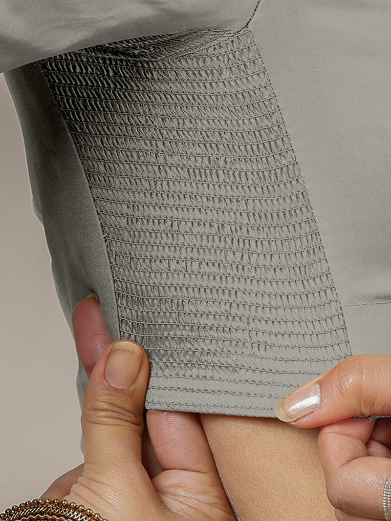 Zeenat x Rozaana | Grey Elbow Sleeves FlexiFit™ Saree Blouse with Plunging Neckline-Binks