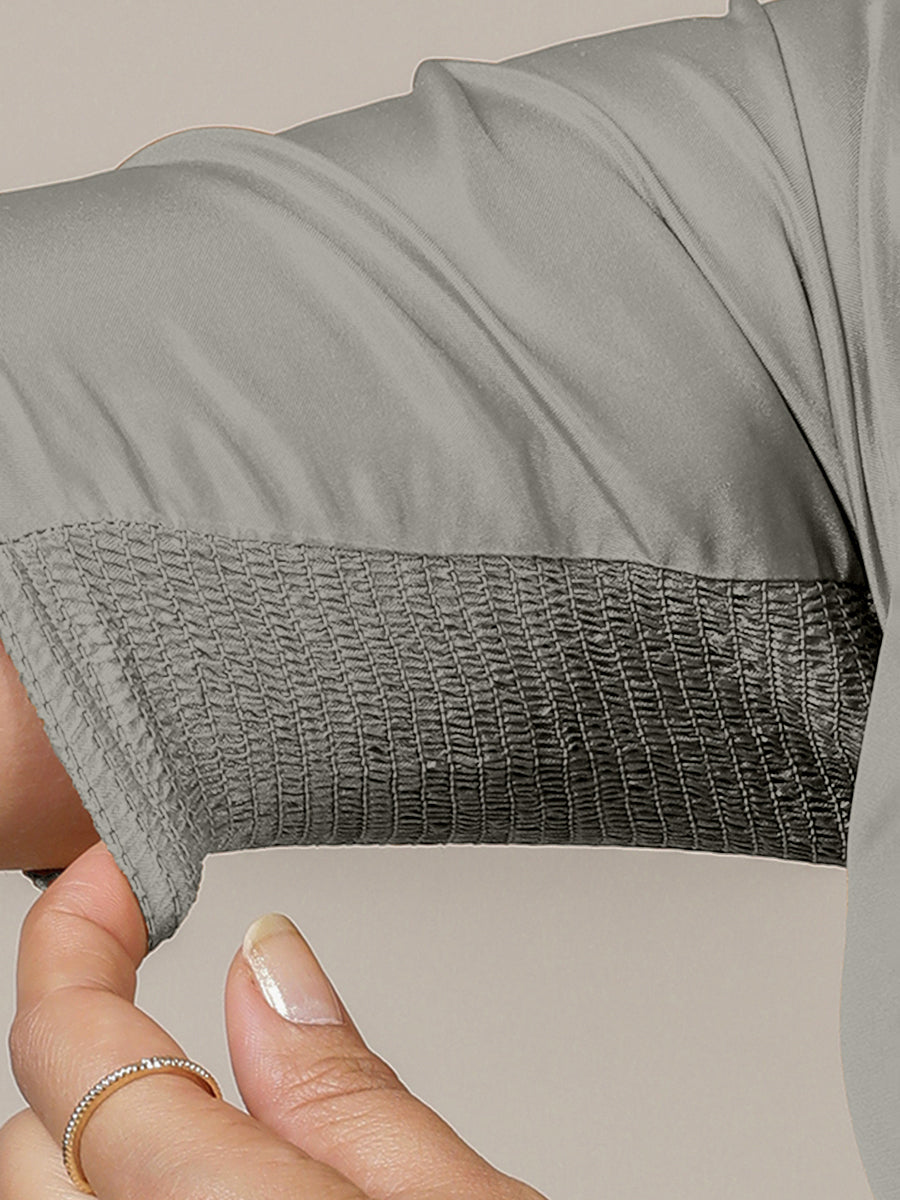 Zeenat x Rozaana Saree Blouse, in Grey Vegan Silk, featuring elbow sleeves and v-neckline, made for party & festive (view 4).