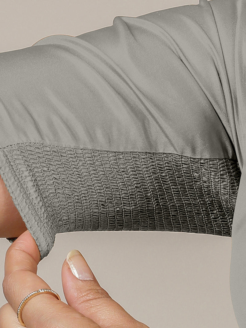 Zeenat x Rozaana | Grey Elbow Sleeves FlexiFit™ Saree Blouse with Plunging Neckline-Binks