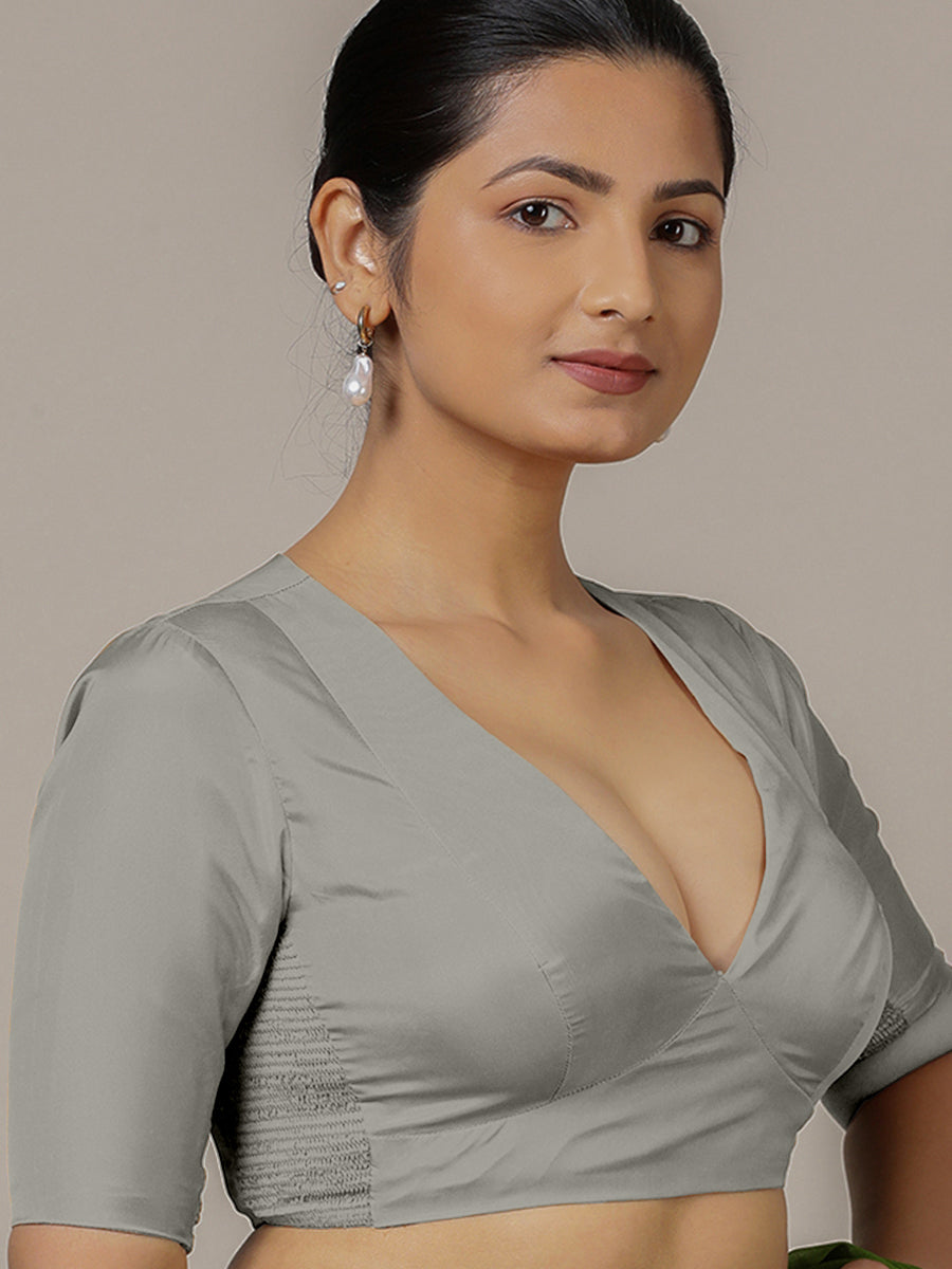 Zeenat x Rozaana Saree Blouse, in Grey Vegan Silk, featuring elbow sleeves and v-neckline, made for party & festive (view 7).