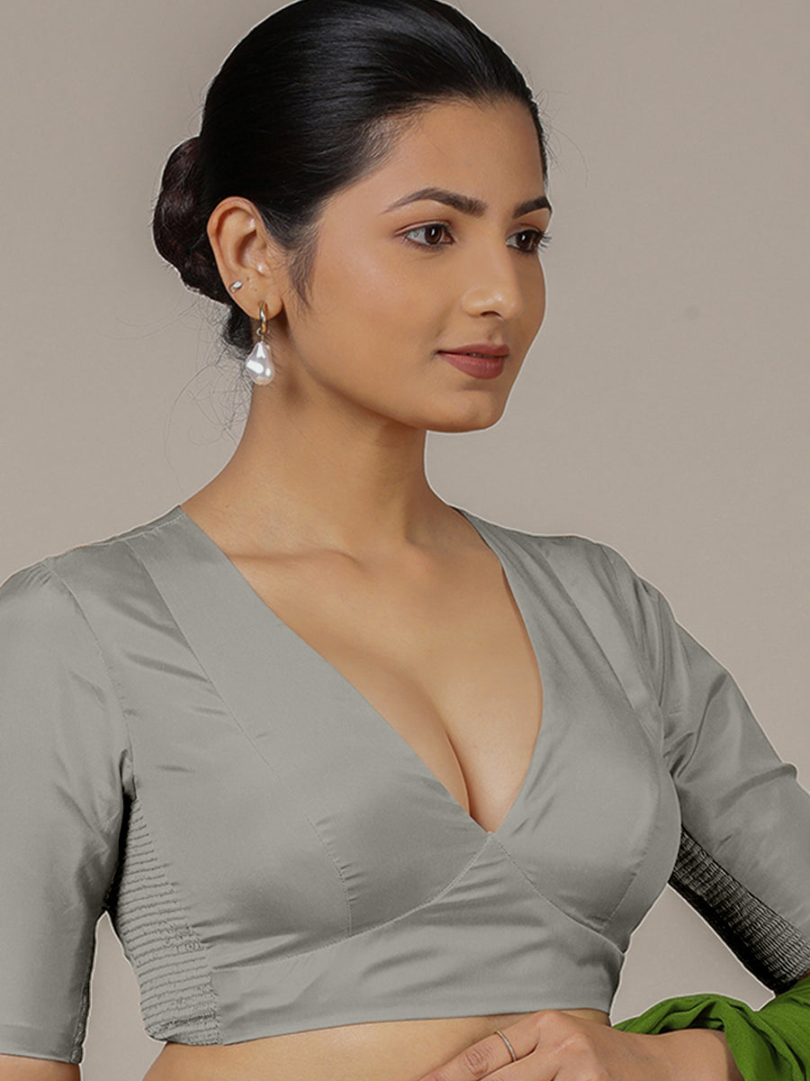 Zeenat x Rozaana Saree Blouse, in Grey Vegan Silk, featuring elbow sleeves and v-neckline, made for party & festive (view 8).