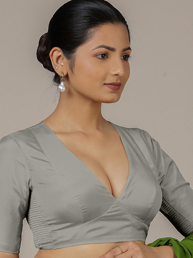 Zeenat x Rozaana | Grey Elbow Sleeves FlexiFit™ Saree Blouse with Plunging Neckline-Binks