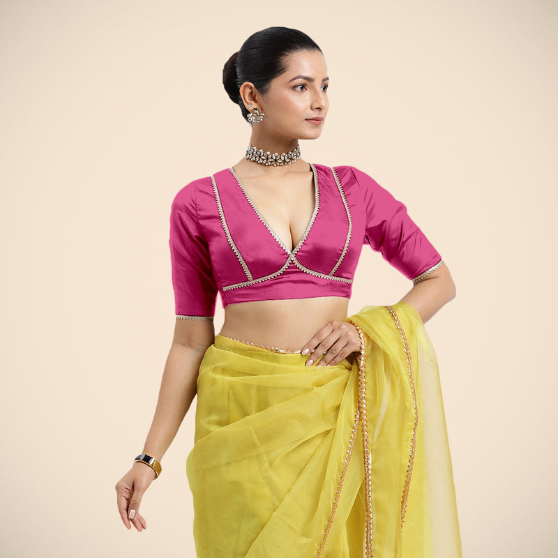 Zeenat x Tyohaar | Elbow Sleeves Hot Pink FlexiFit™ Gota Embellished Saree Blouse with V-Neck-Binks