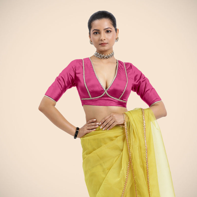 Zeenat x Tyohaar | Elbow Sleeves Hot Pink FlexiFit™ Gota Embellished Saree Blouse with V-Neck-Binks