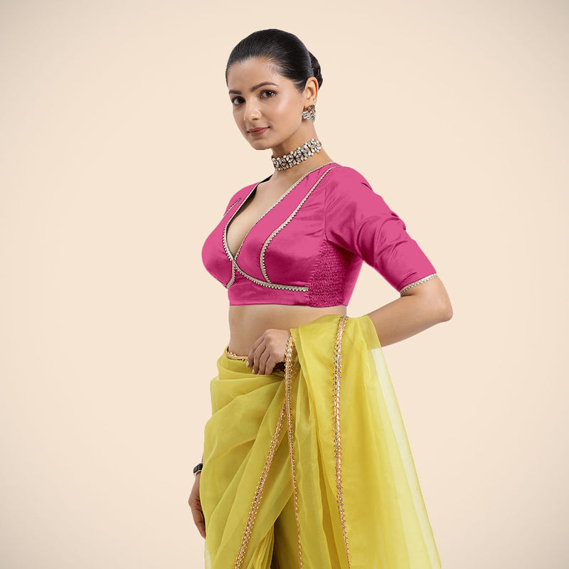 Zeenat x Tyohaar | Elbow Sleeves Hot Pink FlexiFit™ Gota Embellished Saree Blouse with V-Neck-Binks
