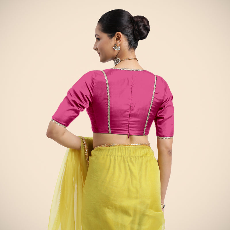 Zeenat x Tyohaar | Elbow Sleeves Hot Pink FlexiFit™ Gota Embellished Saree Blouse with V-Neck-Binks