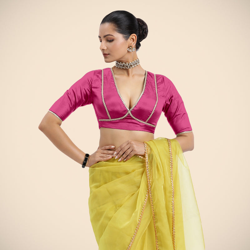 Zeenat x Tyohaar | Elbow Sleeves Hot Pink FlexiFit™ Gota Embellished Saree Blouse with V-Neck-Binks