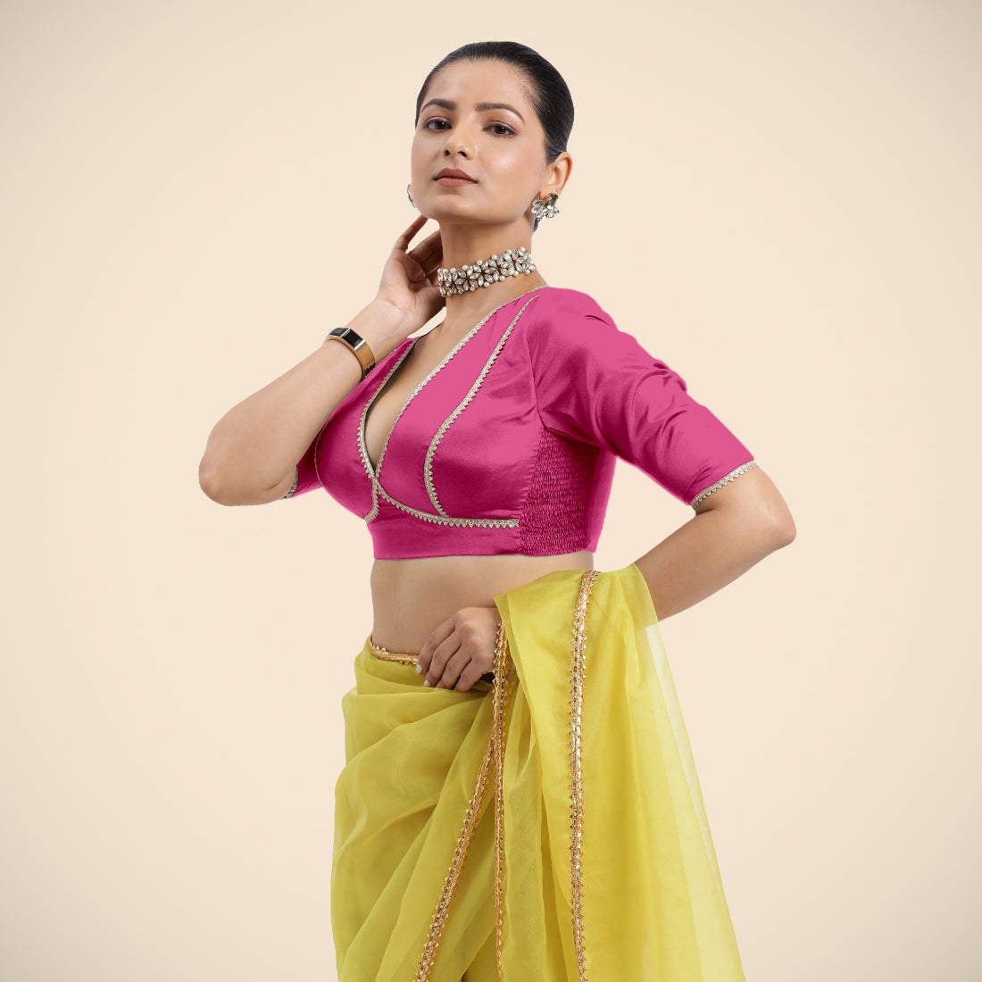 Zeenat x Tyohaar Saree Blouse, in Pink Vegan Silk, featuring elbow sleeves and v-neckline, made for party & festive (view 6).
