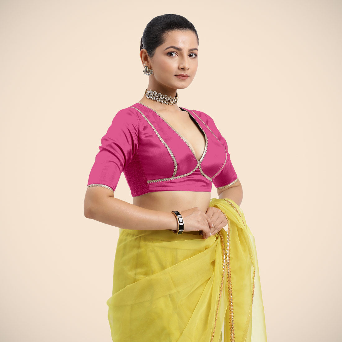 Zeenat x Tyohaar Saree Blouse, in Pink Vegan Silk, featuring elbow sleeves and v-neckline, made for party & festive (view 7).