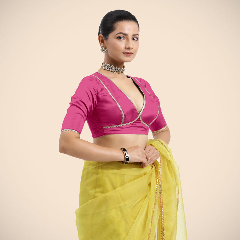 Zeenat x Tyohaar | Elbow Sleeves Hot Pink FlexiFit™ Gota Embellished Saree Blouse with V-Neck-Binks