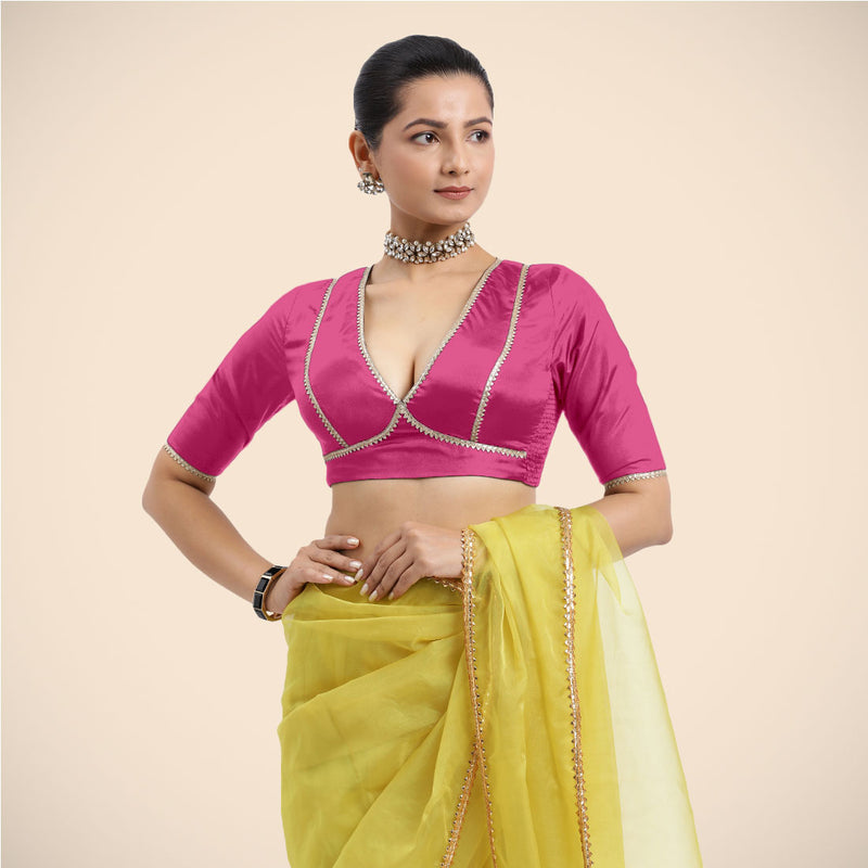 Zeenat x Tyohaar | Elbow Sleeves Hot Pink FlexiFit™ Gota Embellished Saree Blouse with V-Neck-Binks